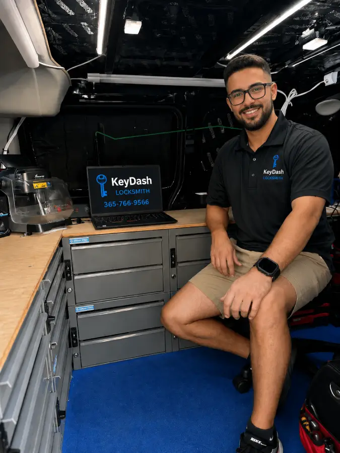 KeyDash locksmith technician inside service van