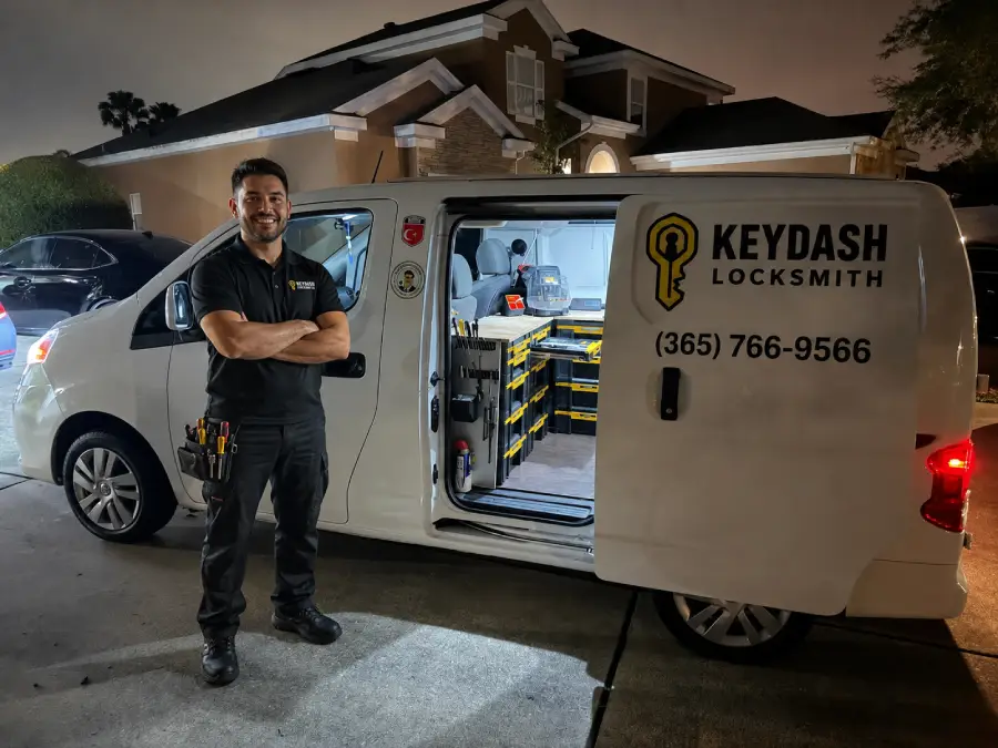 KeyDash locksmith technician with service van at night