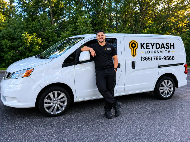 KeyDash locksmith technician next to branded van